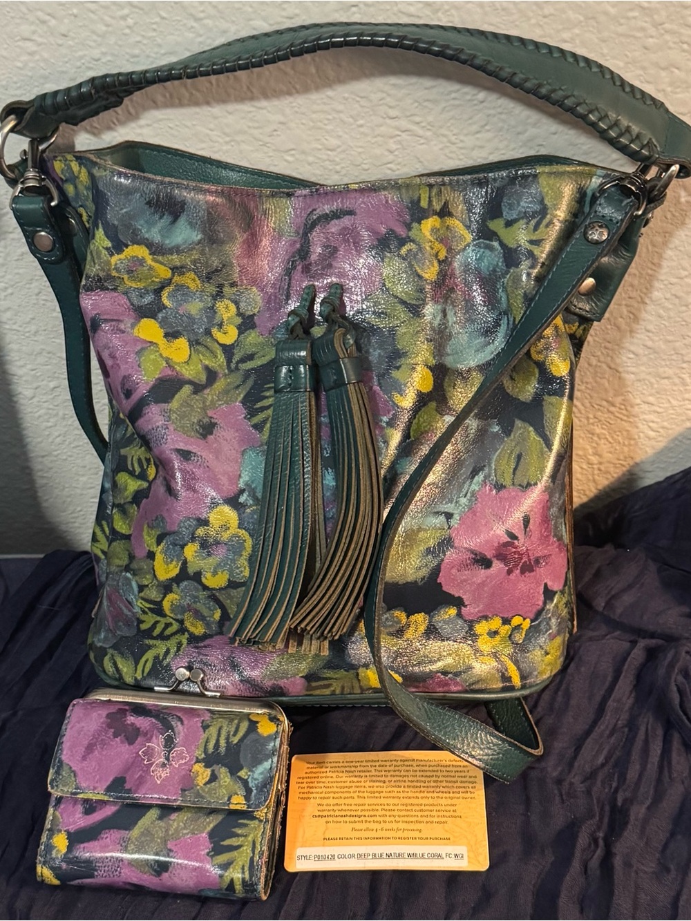 Patricia Nash Deep Blue Nature Leather Otavia Bucket Bag Purse & Wallet